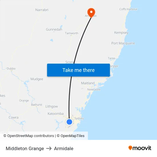 Middleton Grange to Armidale map