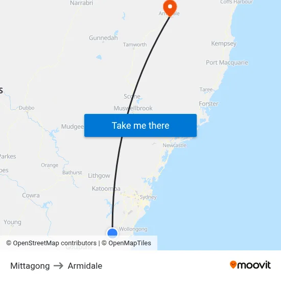 Mittagong to Armidale map