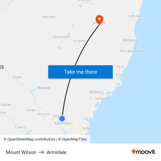 Mount Wilson to Armidale map