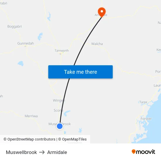 Muswellbrook to Armidale map