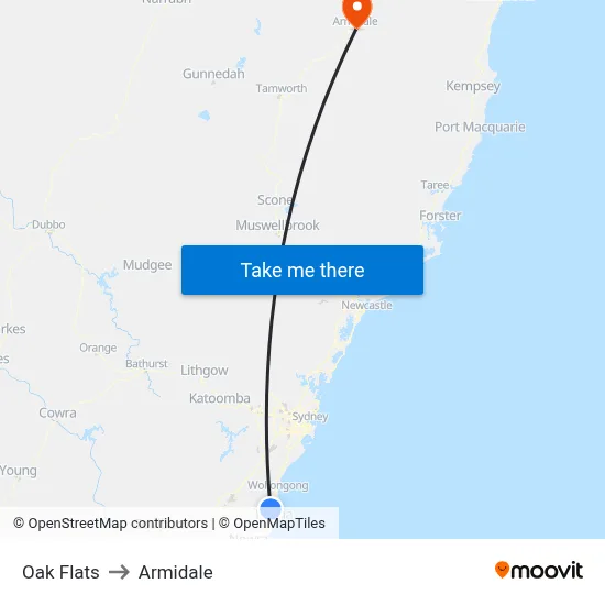 Oak Flats to Armidale map