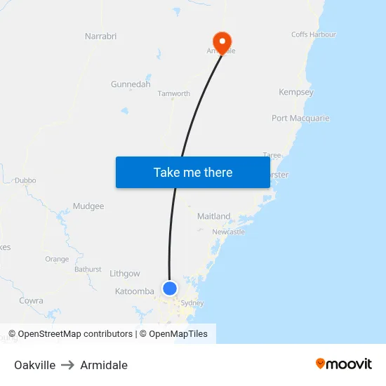 Oakville to Armidale map