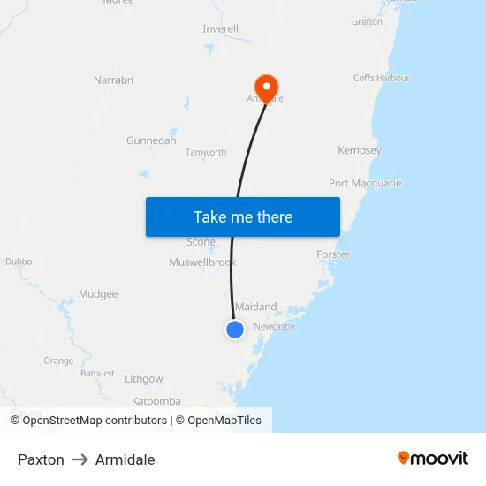 Paxton to Armidale map