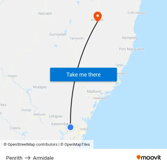 Penrith to Armidale map