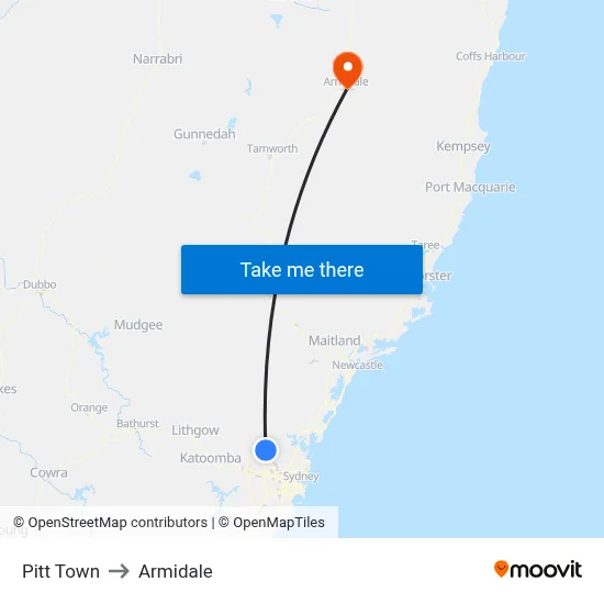 Pitt Town to Armidale map