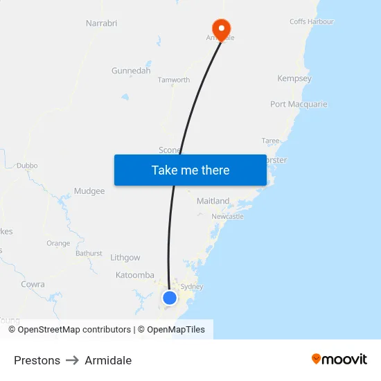 Prestons to Armidale map