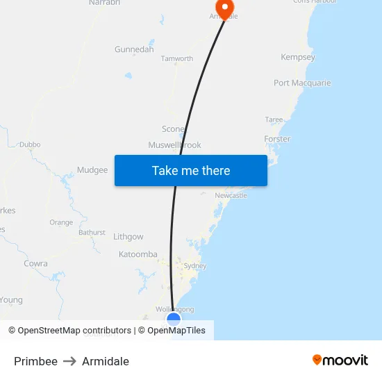 Primbee to Armidale map