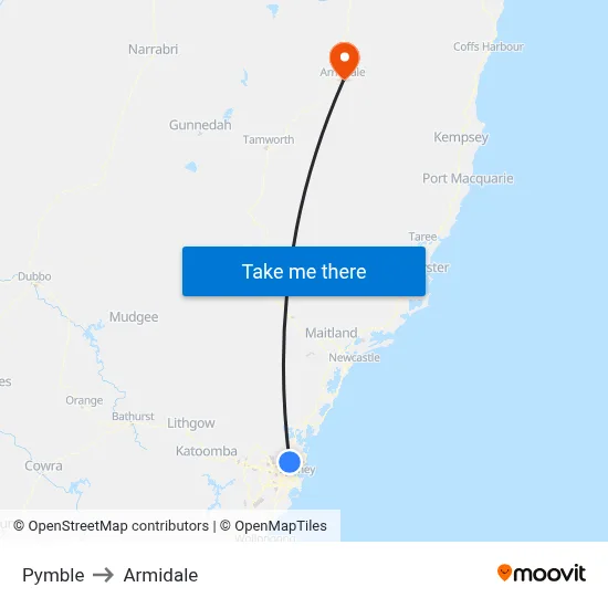Pymble to Armidale map