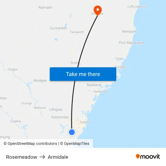 Rosemeadow to Armidale map