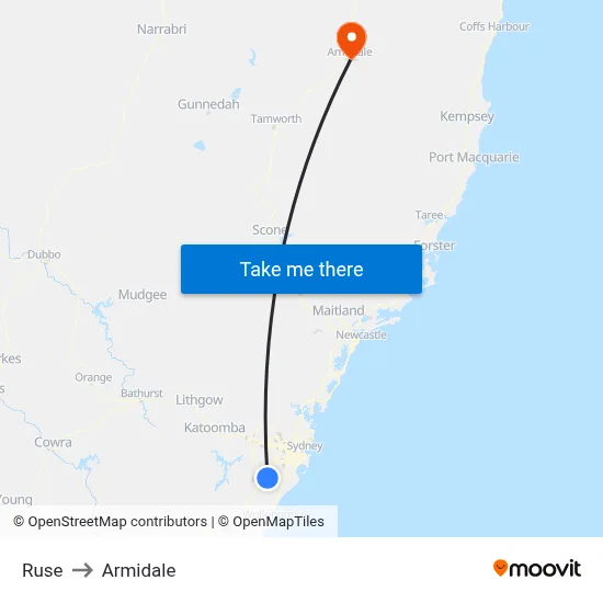 Ruse to Armidale map