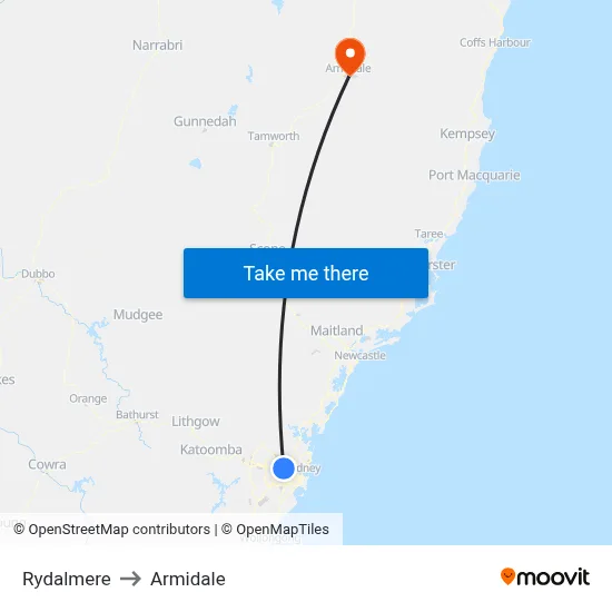 Rydalmere to Armidale map