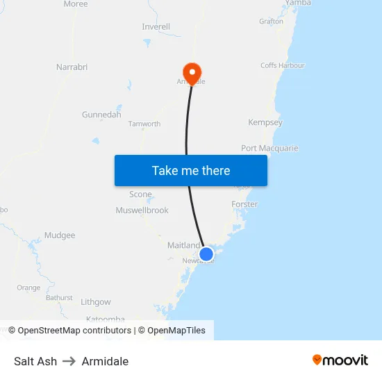 Salt Ash to Armidale map