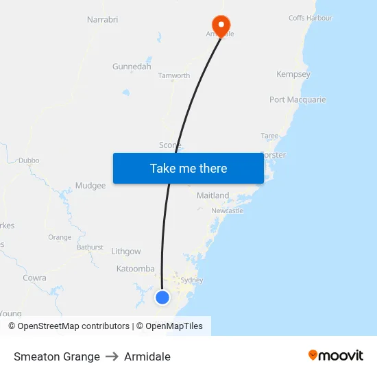 Smeaton Grange to Armidale map