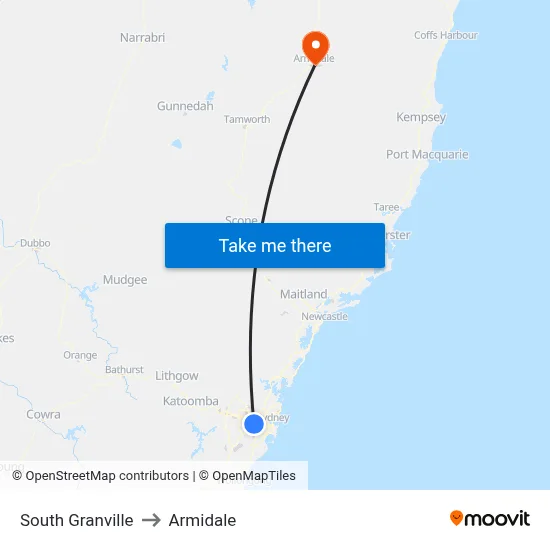 South Granville to Armidale map