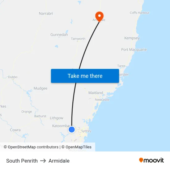 South Penrith to Armidale map