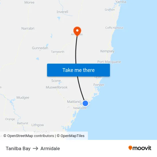 Tanilba Bay to Armidale map