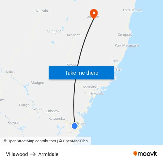 Villawood to Armidale map