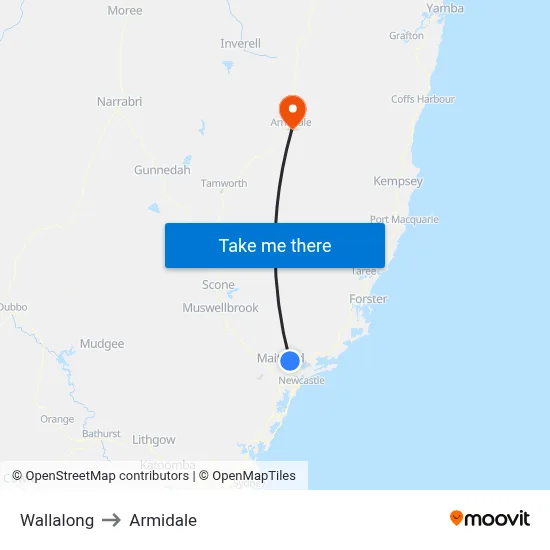Wallalong to Armidale map