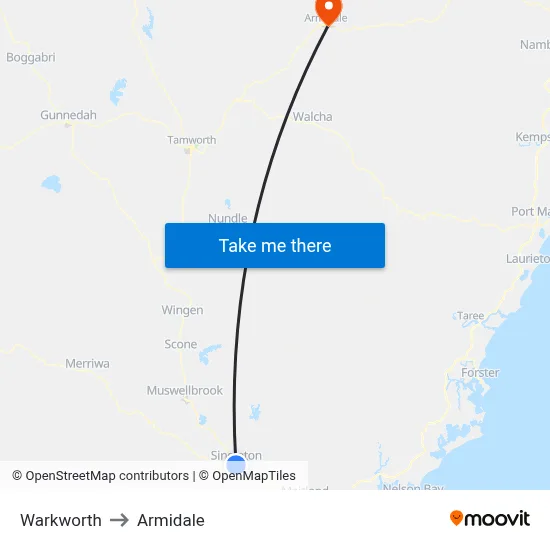 Warkworth to Armidale map