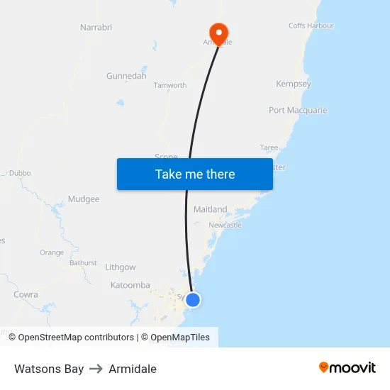 Watsons Bay to Armidale map