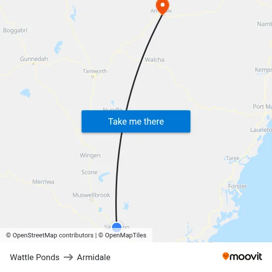 Wattle Ponds to Armidale map