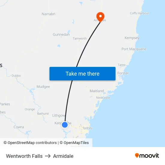 Wentworth Falls to Armidale map