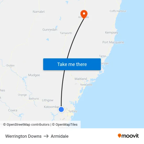 Werrington Downs to Armidale map