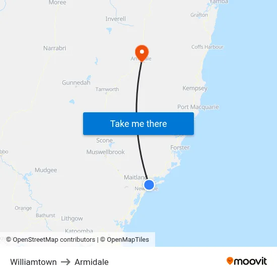 Williamtown to Armidale map
