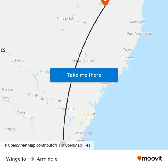 Wingello to Armidale map