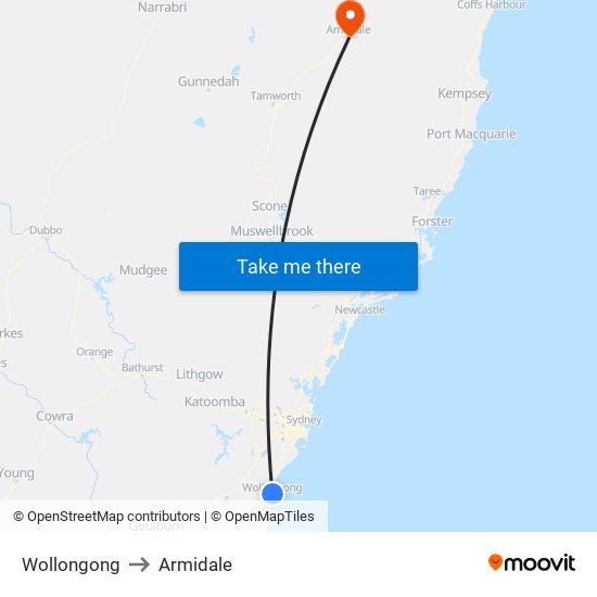 Wollongong to Armidale map