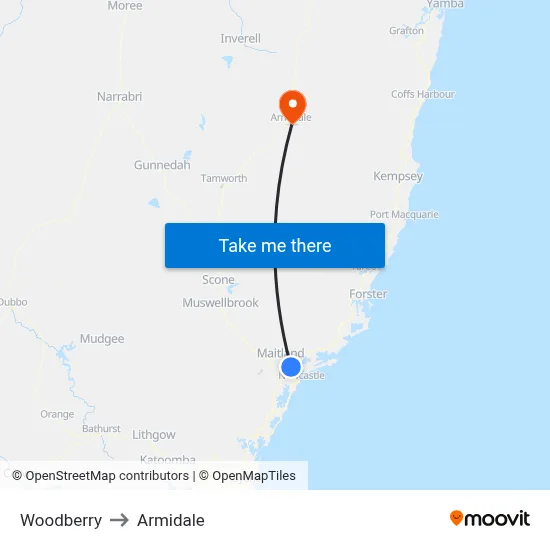 Woodberry to Armidale map