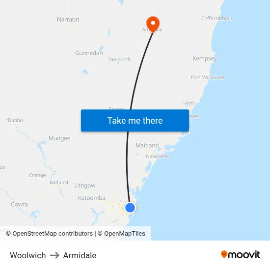 Woolwich to Armidale map