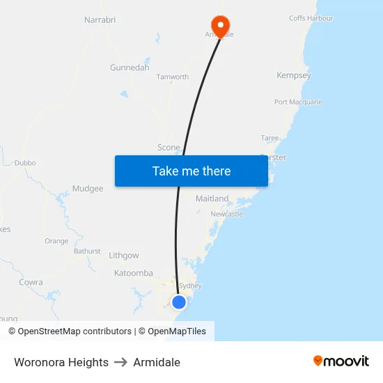 Woronora Heights to Armidale map