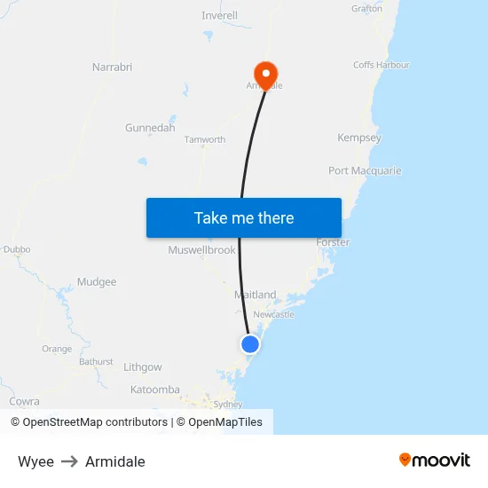 Wyee to Armidale map