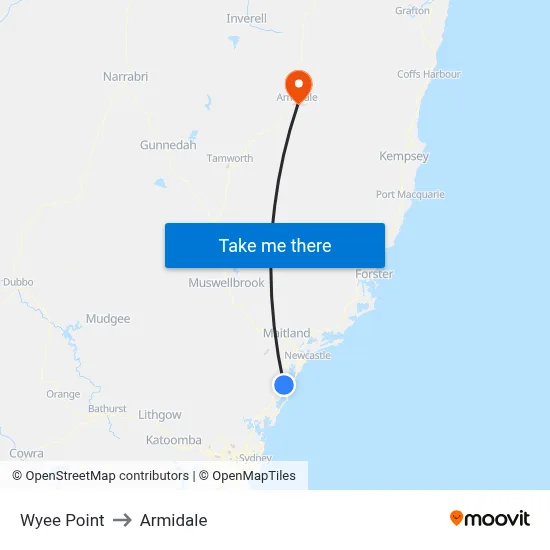 Wyee Point to Armidale map