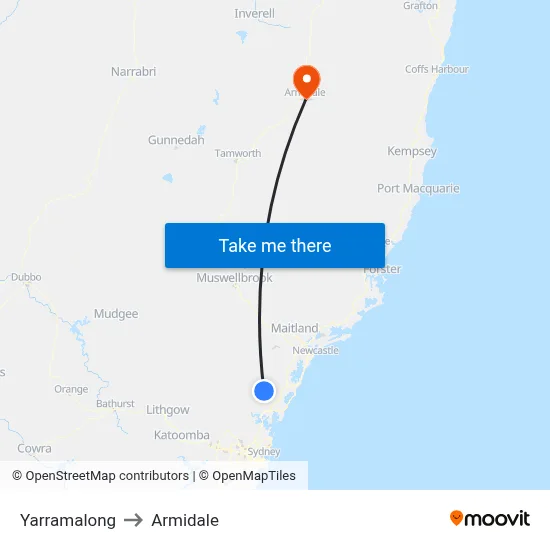 Yarramalong to Armidale map