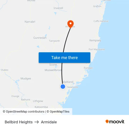 Bellbird Heights to Armidale map