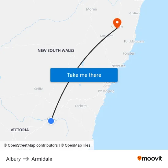 Albury to Armidale map