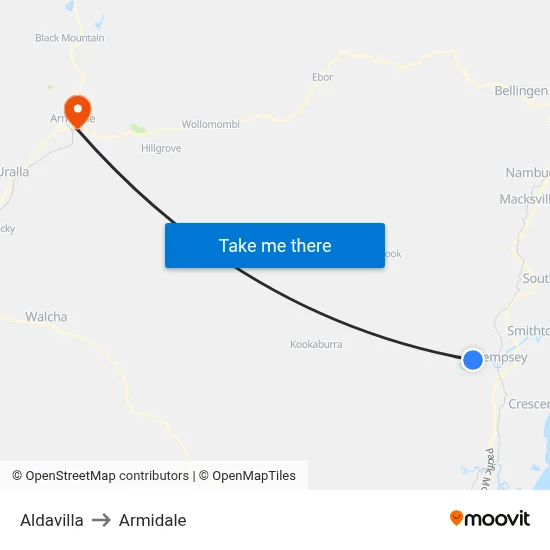 Aldavilla to Armidale map