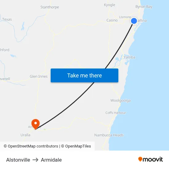 Alstonville to Armidale map