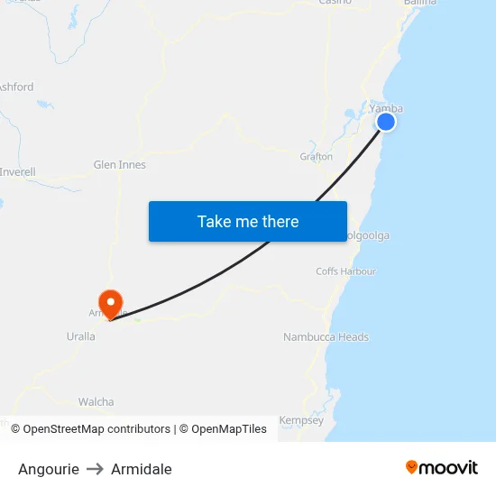 Angourie to Armidale map