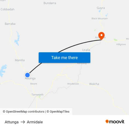 Attunga to Armidale map