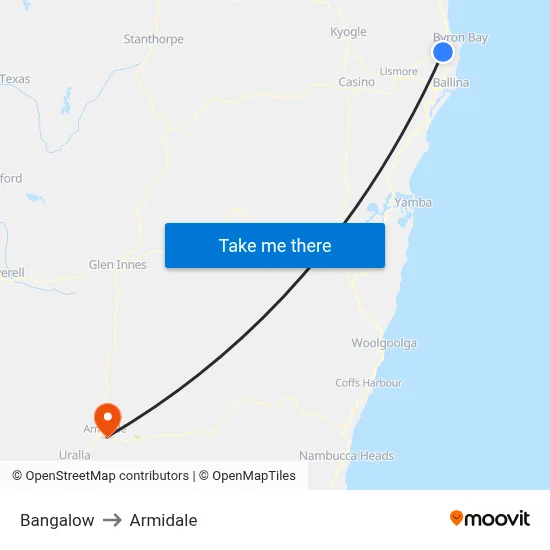Bangalow to Armidale map