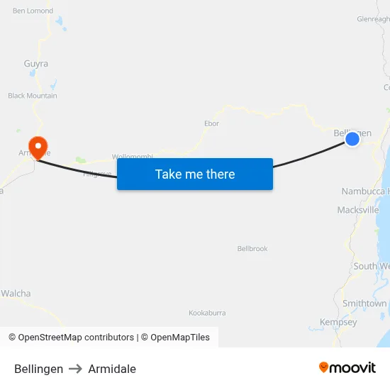 Bellingen to Armidale map