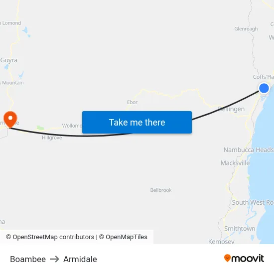 Boambee to Armidale map
