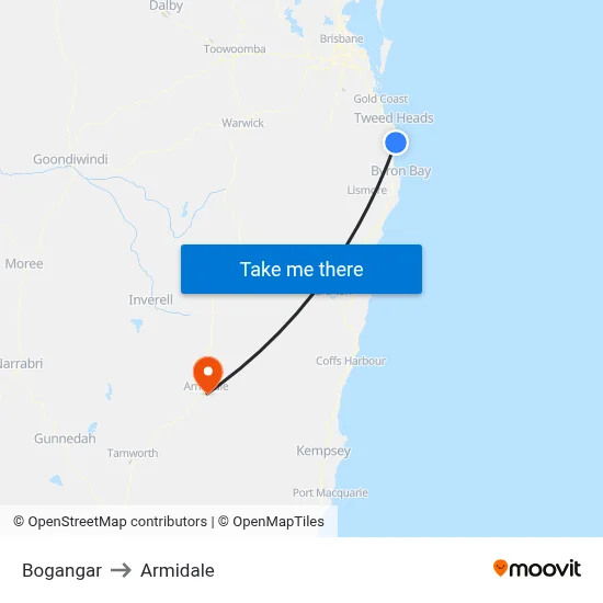 Bogangar to Armidale map