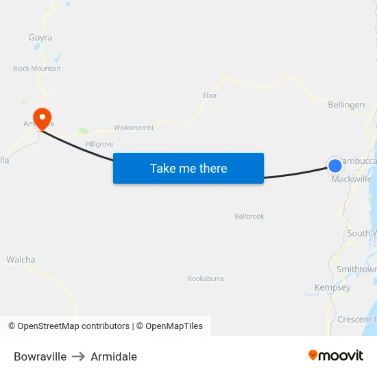 Bowraville to Armidale map
