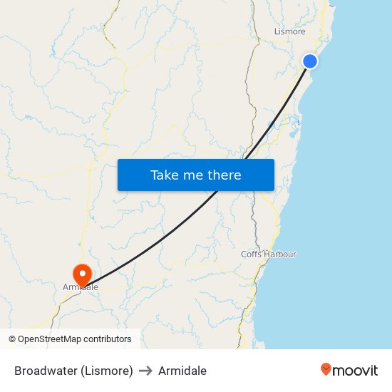 Broadwater (Lismore) to Armidale map