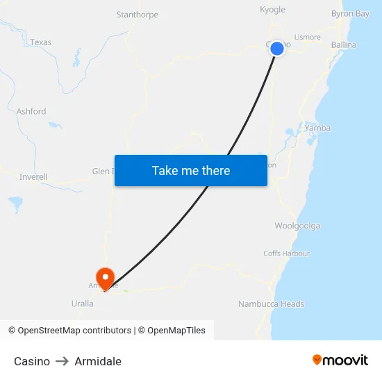 Casino to Armidale map