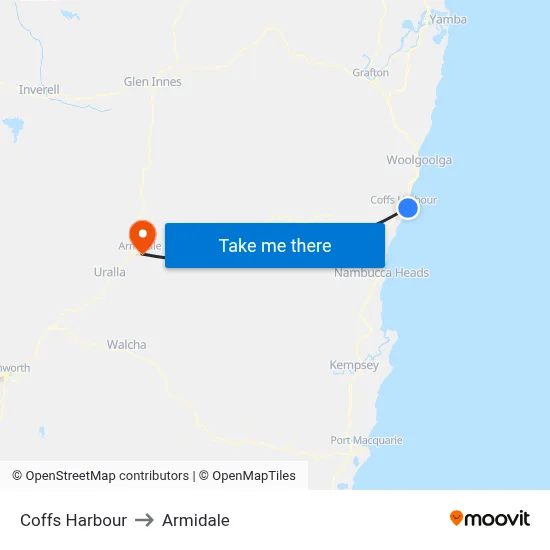 Coffs Harbour to Armidale map